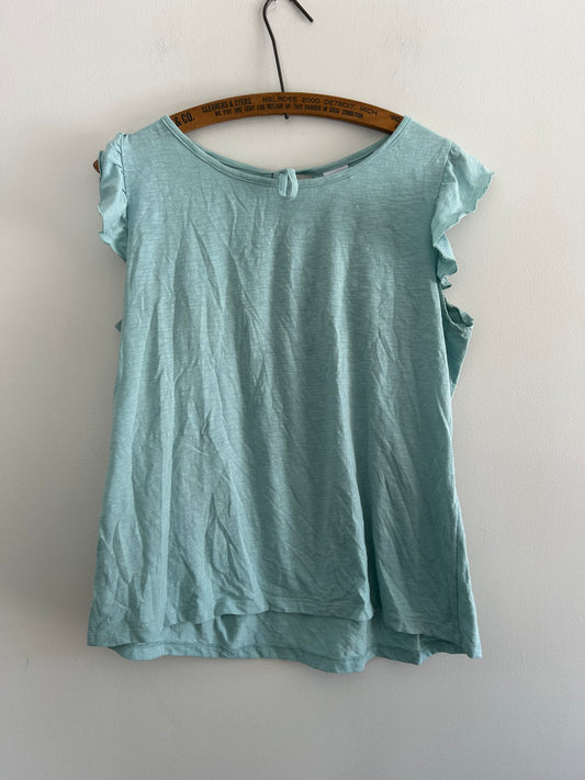 WNT medium blue ruffle open back blouse