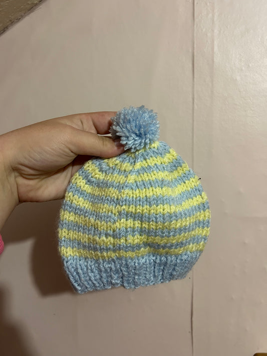 Handmade 0/6m Green & blue striped knit hat