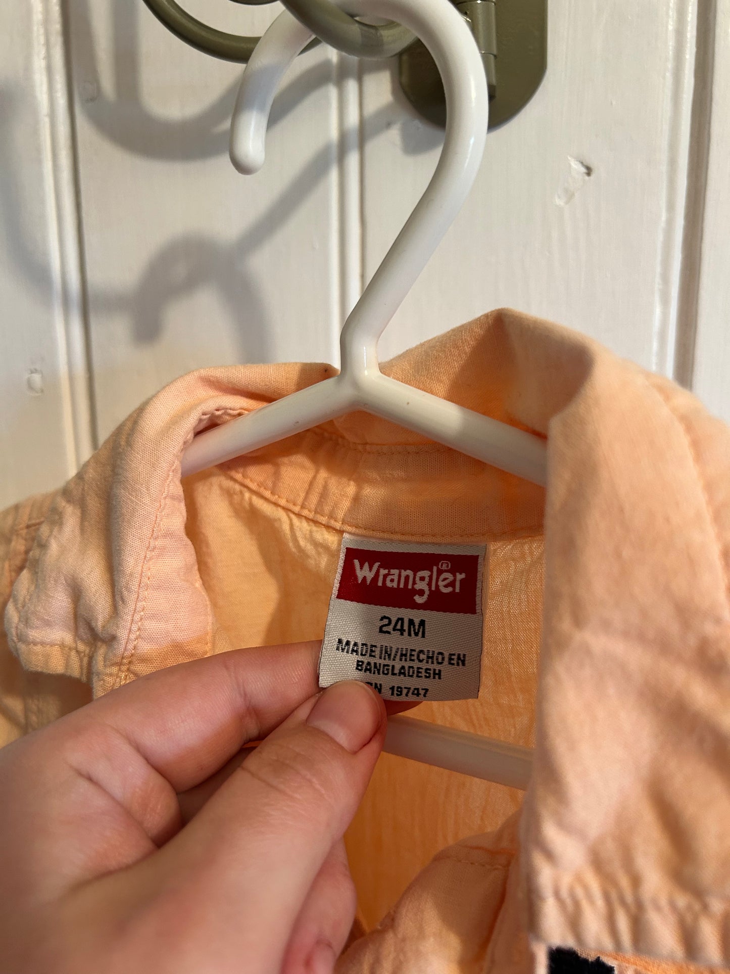 Wrangler 24m orange button up flannel onesie