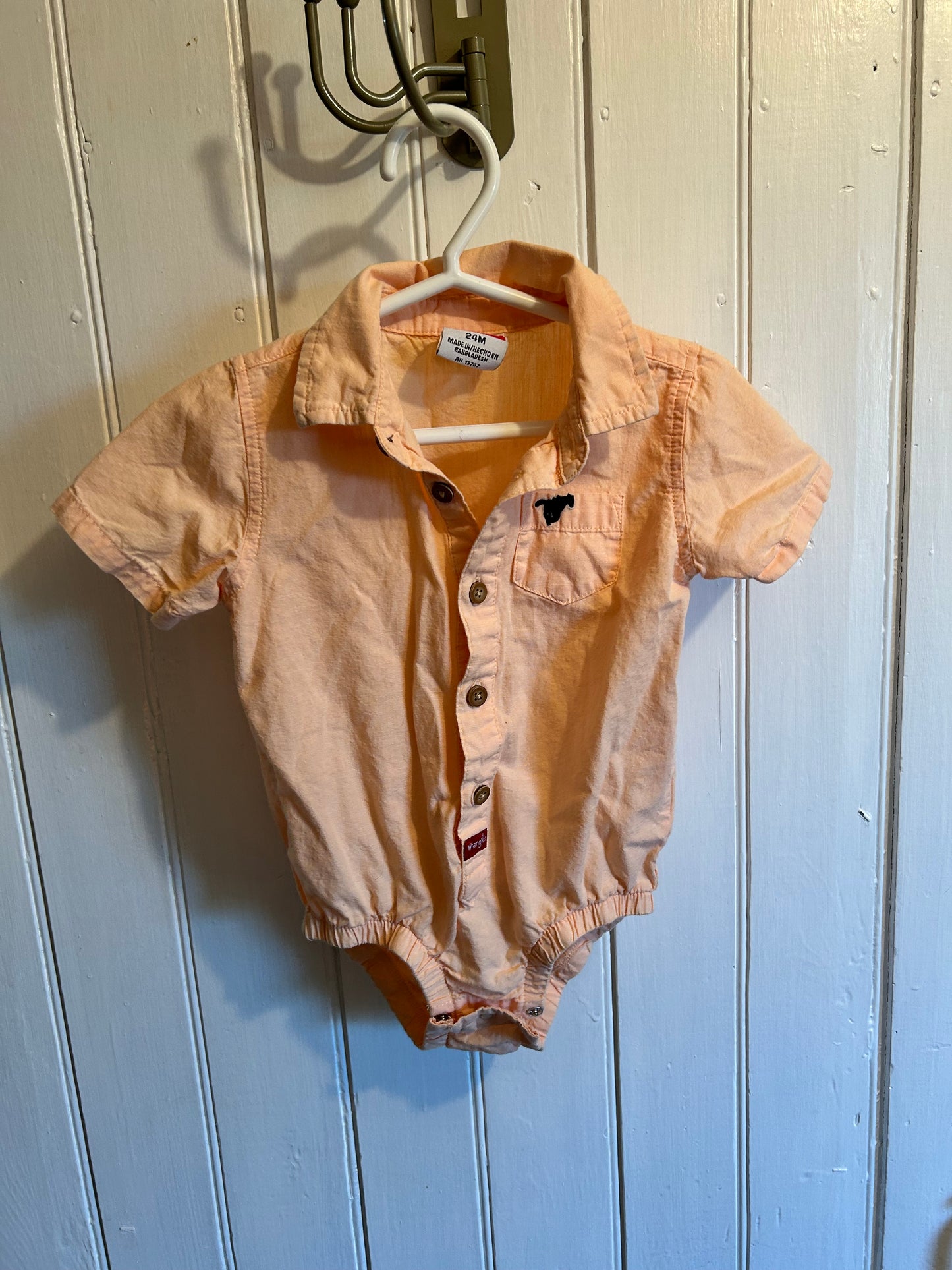 Wrangler 24m orange button up flannel onesie