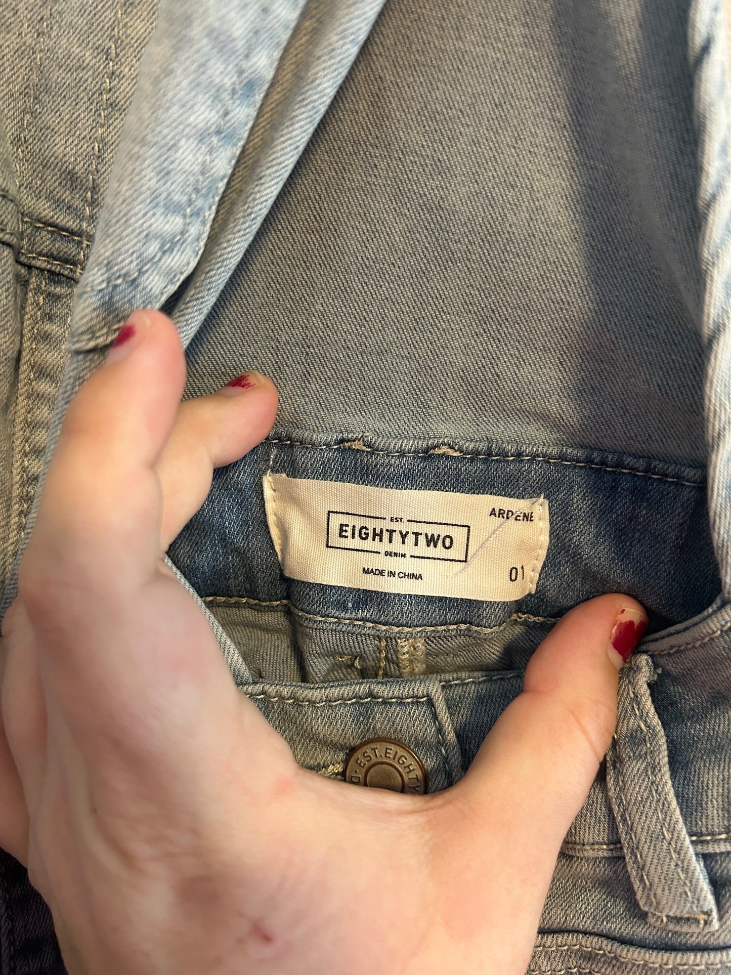 Ardene 82 juniors 1 light wash lace trim denim overalls