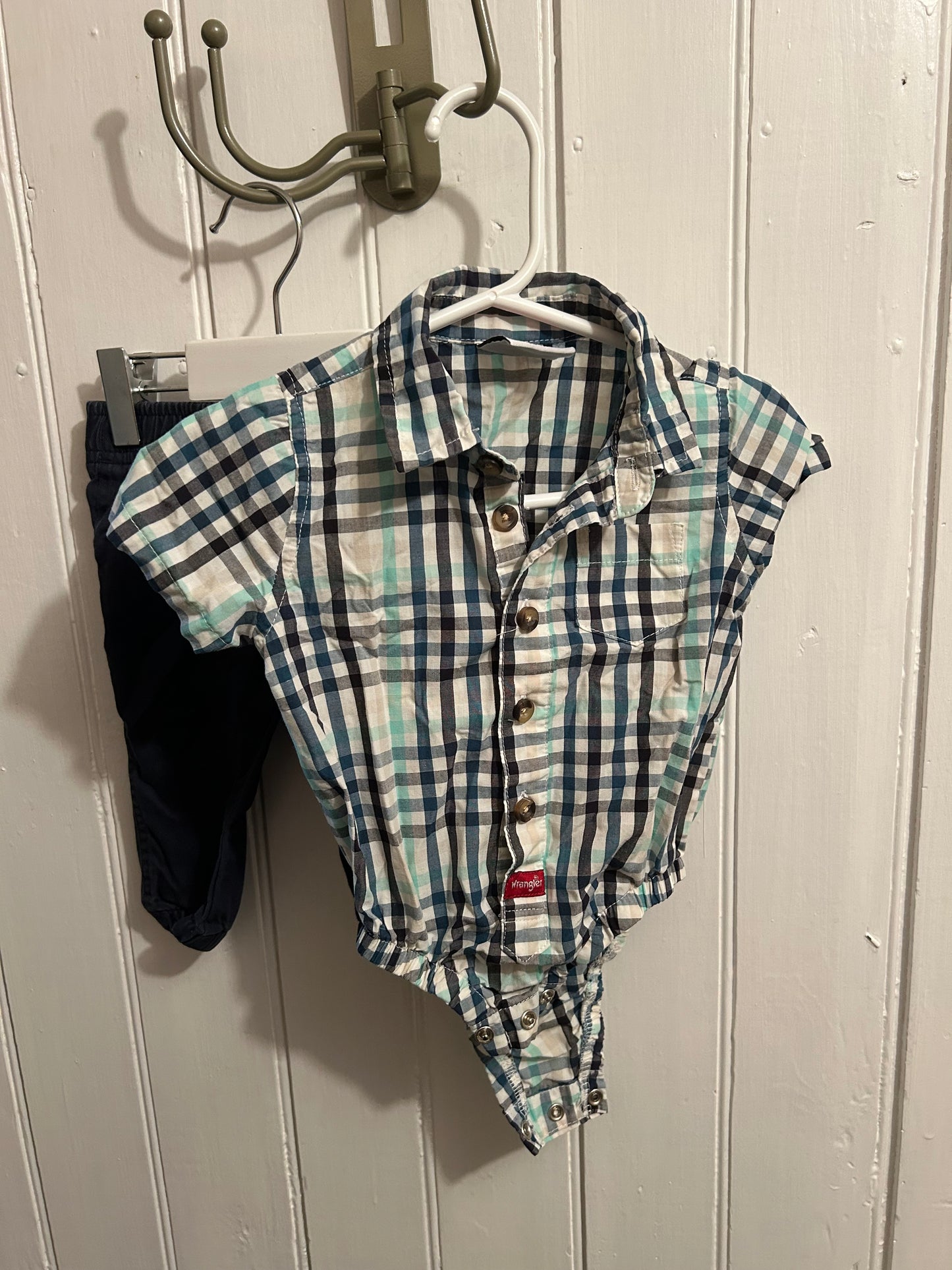 Wrangler 6m blue plaid onesie & pants set