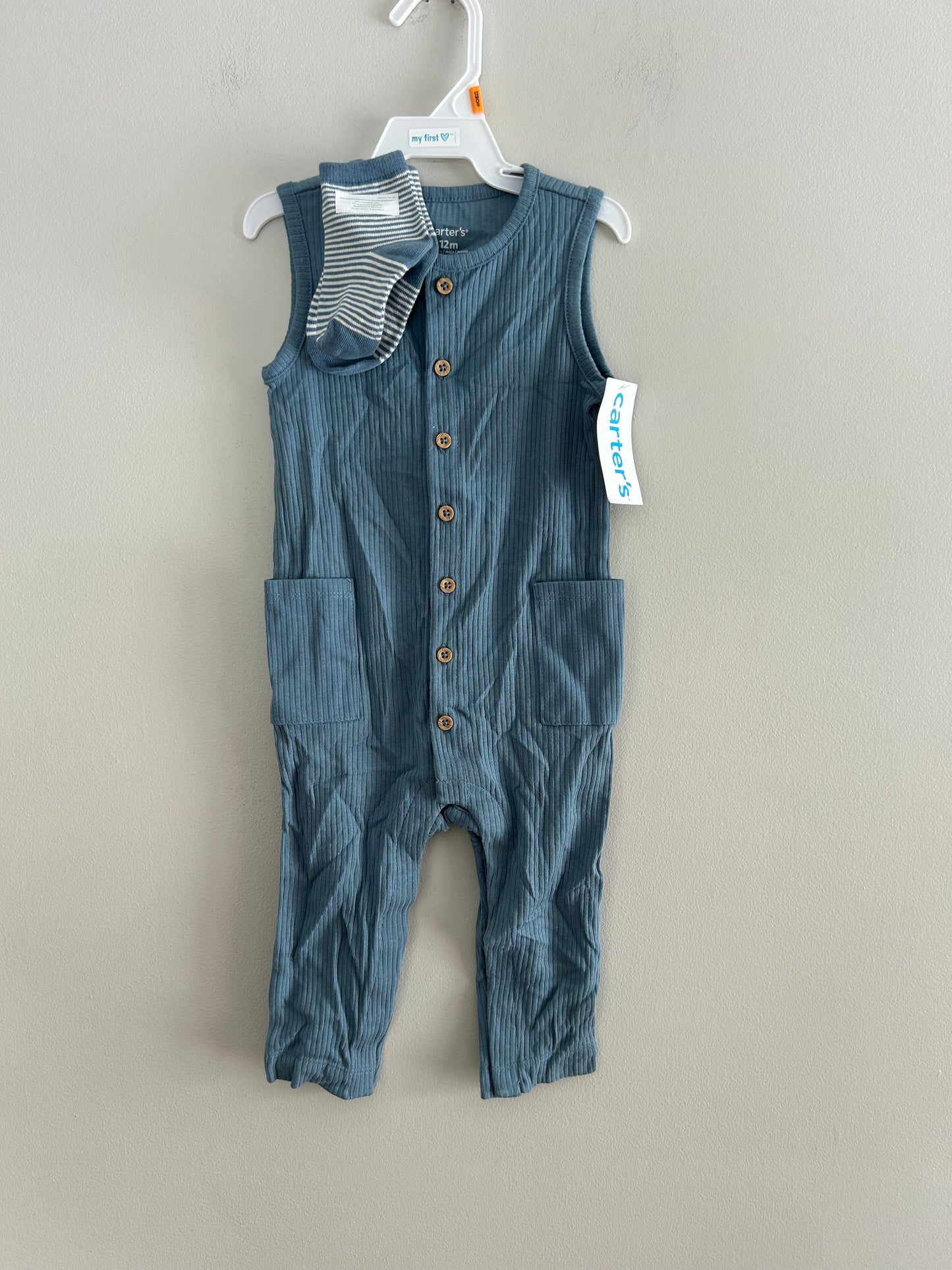 NEW carters 12m blue ribbed romper