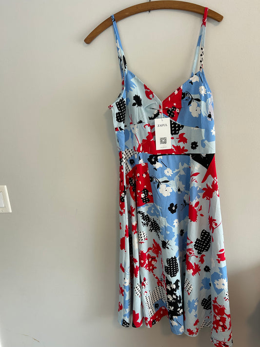 NEW Zaful large blue & red patchwork midi dress