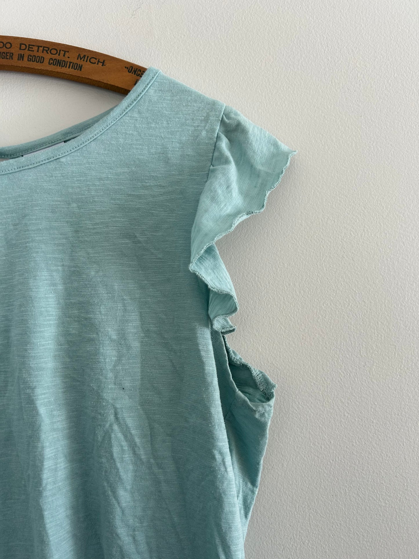 WNT medium blue ruffle open back blouse