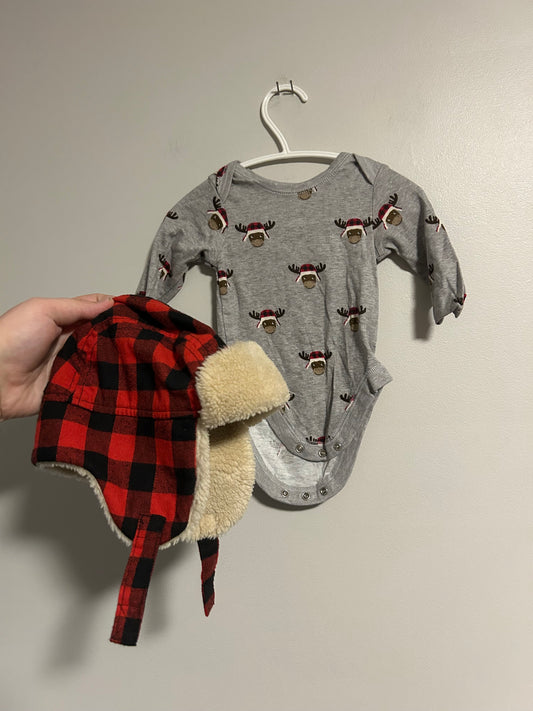 Bundles 3/6m moose onesie with red plaid hat