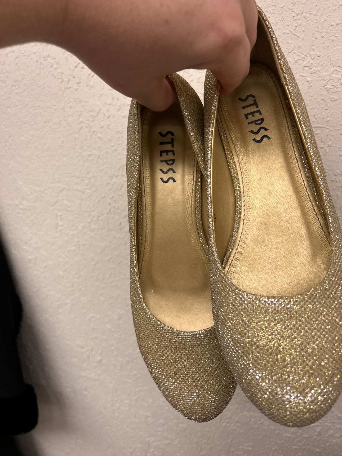 Steps 6 gold glitter wedge heels