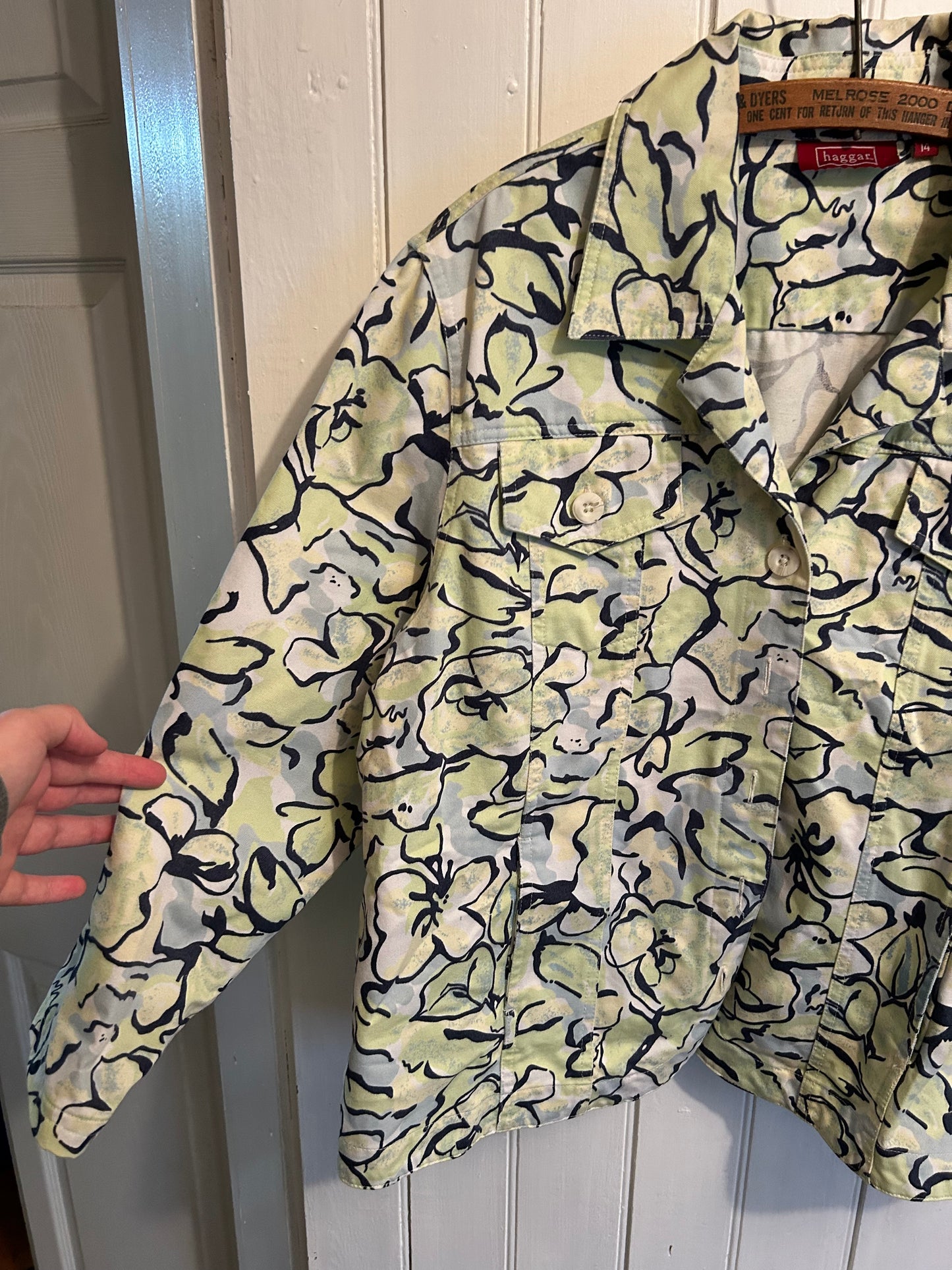 Haggar 14 green & blue floral denim jacket