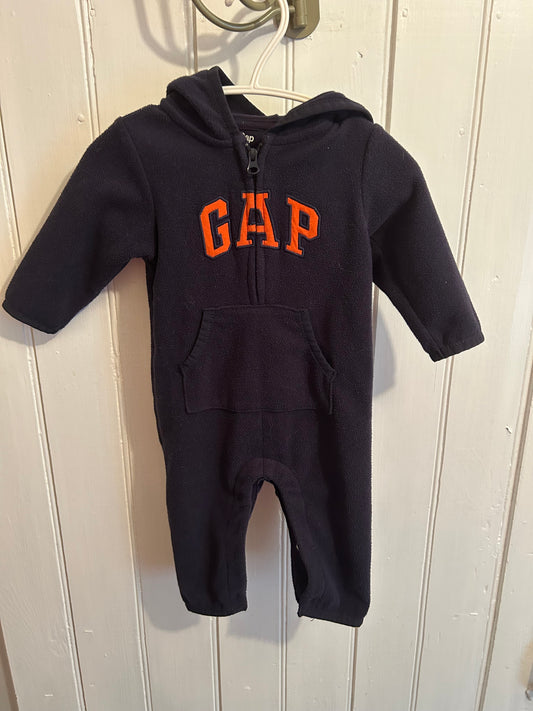 Gap 3/6m blue fleece sweater romper with orange logo